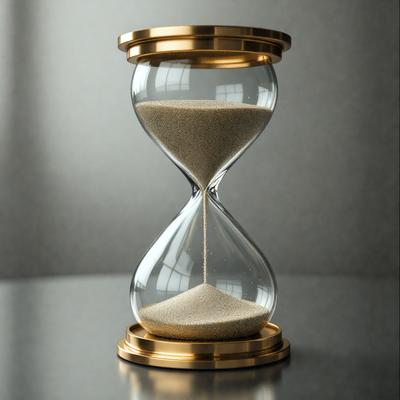 The primary subject of the image is a gold sand timer, which is placed on a table. The setting is a gray background, and the visual style is a photo. The colors in the image are predominantly gray and gold, creating a calm and sophisticated atmosphere.